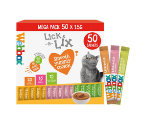 White background with a box of 50x15g Mega Pack of Webbox Lick-e-lix treats for cats, with a grey cat on the box.