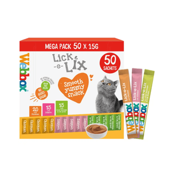 White background with a box of 50x15g Mega Pack of Webbox Lick-e-lix treats for cats, with a grey cat on the box.