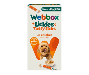 White background with a cream box of 75g Webbox Lickies chicken treats for dogs, with a dog licking it's lips on the box.