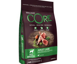 White background with a picture of a bag of Wellness CORE Lamb Dog Food. On the bag is pictures of lamb chops carrot and spinach. The text on the bag 'Wellness CORE, Natural, Grain Free, Protein-Rich' and 'Adult Lamb, All breeds, Lamb Recipe'.
