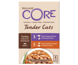 White background with a picture of a box of Wellness CORE Tender Cuts wet cat food. The box is cream with text stating 'Wellness CORE, Natural, Grain Free, Protein-Rich, Tender Cuts, Turkey Selection Multipack, Adult, 3x with Turkey & Duck in savoury gravy, 3x With Chicken & Turkey in savoury gravy' with a picture with a bowl of wet food below.