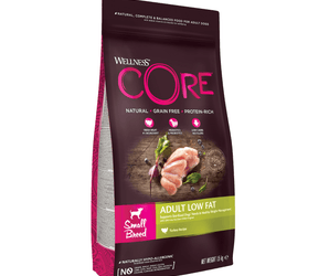 White background with a picture of a bag of Wellness CORE Low Fat Small Dog Food. On the bag is pictures of turkey fillets, blueberries, beets and spinach. The text on the bag 'Wellness CORE, Natural, Grain Free, Protein-Rich' and 'Adult Low Fat, Small breed, Turkey Recipe'.
