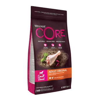 White background with a picture of a bag of Wellness CORE Original Small Dog Food. On the bag is pictures of chicken leg, peas and beets. The text on the bag 'Wellness CORE, Natural, Grain Free, Protein-Rich' and 'Small breed, Adult Original, Turkey with Chicken Recipe'.