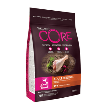 White background with a picture of a bag of Wellness CORE Original Small Dog Food. On the bag is pictures of chicken leg, peas and beets. The text on the bag 'Wellness CORE, Natural, Grain Free, Protein-Rich' and 'Small breed, Adult Original, Turkey with Chicken Recipe'.
