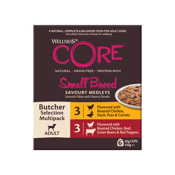 White background with a box of Wellness CORE Small Breed Dog food pictured. On the box is a bowl of wet food and text 'Wellness CORE, Natural, Grain Free, Protein-Rich, Small Breed, Savoury Medleys, Butcher Selection Mutlipack Adult.'