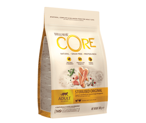 White background with a picture of a bag of Wellness CORE Sterilised Original Cat Food. On the bag is pictures of chicken breast, turkey chunks, peas and cranberries. The text on the bag 'Wellness CORE, Natural, Grain Free, Protein-Rich' and 'Adult, All breeds, Sterilised Original'.