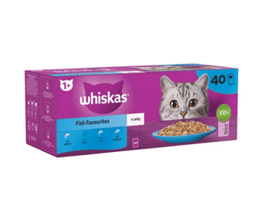 White background with a purple box of Whiskas Fish Favourites, on the box is silver tabby cat in front of a bowl on food. Text on the pack reads 'Whiskas, 1+ years, Fish Favourites, in Jelly, 40x85g'