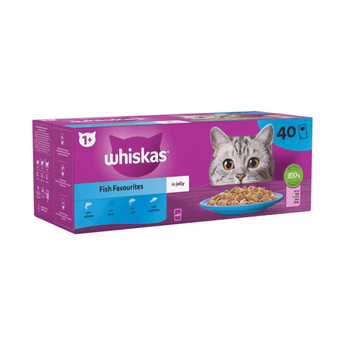 White background with a purple box of Whiskas Fish Favourites, on the box is silver tabby cat in front of a bowl on food. Text on the pack reads 'Whiskas, 1+ years, Fish Favourites, in Jelly, 40x85g'
