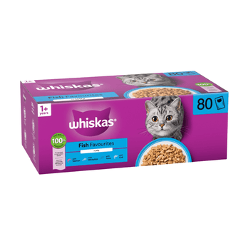 White background with a purple box of Whiskas Fish Favourites, on the box is silver tabby cat in front of a bowl on food. Text on the pack reads 'Whiskas, 1+ years, Fish Favourites, in Jelly, 80x85g'
