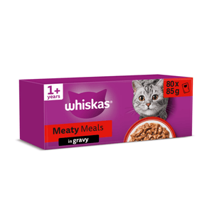 White background with a purple box of Whiskas Meaty Meals, on the box is silver tabby cat in front of a bowl on food. Text on the pack reads 'Whiskas, 1+ years, Meaty Meals, in Gravy, 80x85g'