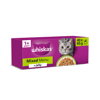 White background with a purple box of Whiskas Mixed Menu, on the box is silver tabby cat in front of a bowl on food. Text on the pack reads 'Whiskas, 1+ years, Mixed Menu, in Jelly, 40x85g'
