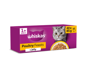 White background with a purple box of Whiskas Poultry Feasts, on the box is silver tabby cat in front of a bowl on food. Text on the pack reads 'Whiskas, 1+ years, Poultry Feasts, in Jelly, 40x85g'