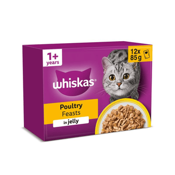 White background with a purple box of Whiskas Poultry Feasts, on the box is silver tabby cat in front of a bowl on food. Text on the pack reads 'Whiskas, 1+ years, Poultry Feasts, in Jelly, 12x85g'