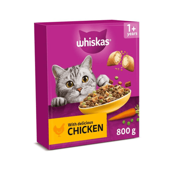 White background with a purple box of Whiskas Chicken dry food, on the box is silver tabby cat in front of a bowl on food. Text on the box reads 'Whiskas, 1+ years, with delicious chicken, 800g'.