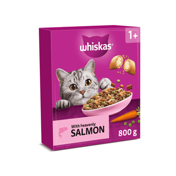 White background with a purple box of Whiskas Salmon dry food, on the box is silver tabby cat in front of a bowl on food. Text on the box reads 'Whiskas, 1+ years, with heavenly Salmon, 800g'.