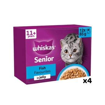 White background with a purple box of Whiskas Fish Favourites, on the box is silver tabby cat in front of a bowl on food. Text on the pack reads 'Whiskas, 11+ years, Fish Favourites, in Jelly, 12x85g'.