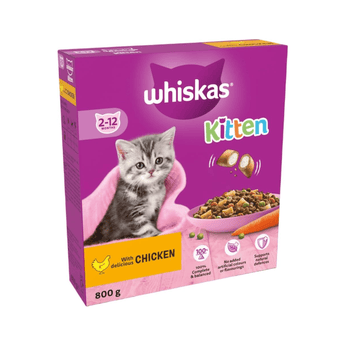 White background with a purple box of Whiskas Chicken dry kitten food, on the box is silver tabby kitten in front of a bowl on food. Text on the box reads 'Whiskas, 2-12months, with delicious chicken, 800g'.