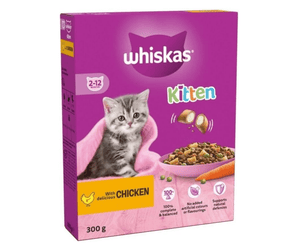 White background with a purple box of Whiskas Chicken dry kitten food, on the box is silver tabby kitten in front of a bowl on food. Text on the box reads 'Whiskas, 2-12months, with delicious chicken, 300g'.