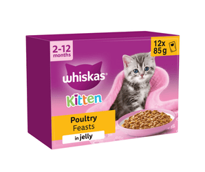 White background with a purple box of Whiskas Poultry Feasts, on the box is silver tabby kitten in front of a bowl on food. Text on the pack reads 'Whiskas, 2-12months, Poultry Feasts, in Jelly, 12x85g'