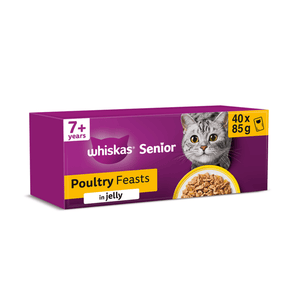 White background with a purple box of Whiskas Poultry Feasts, on the box is silver tabby cat in front of a bowl on food. Text on the pack reads 'Whiskas, 7+ years, Poultry Feasts, in Jelly, 40x85g'