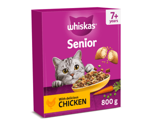 White background with a purple box of Whiskas Chicken dry senior food, on the box is silver tabby cat in front of a bowl on food. Text on the box reads 'Whiskas, 7+years, with delicious chicken, 800g'.