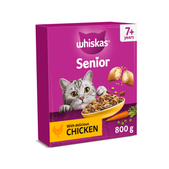 White background with a purple box of Whiskas Chicken dry senior food, on the box is silver tabby cat in front of a bowl on food. Text on the box reads 'Whiskas, 7+years, with delicious chicken, 800g'.