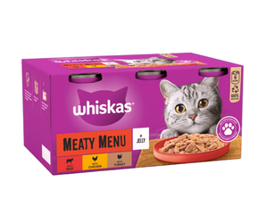 White background with a purple box of Whiskas Meaty Menu, on the box is silver tabby cat in front of a bowl on food. Text on the pack reads 'Whiskas, Meaty Menu in Jelly'.
