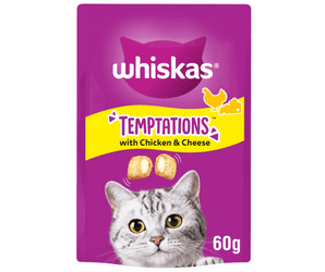 White background with a purple packet of Whiskas Temptations, on the packet is silver tabby cat's face at the bottom of the packet. Text on the pack reads 'Whiskas Temptations, with Chicken & Cheese, 60g.'