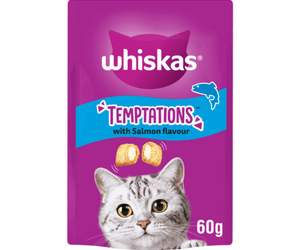 White background with a purple packet of Whiskas Temptations, on the packet is silver tabby cat's face at the bottom of the packet. Text on the pack reads 'Whiskas Temptations, with Salmon Flavour, 60g.'