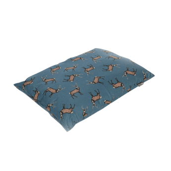 Pillow-type blue dog bed with illustrated stags pictured on a white background.