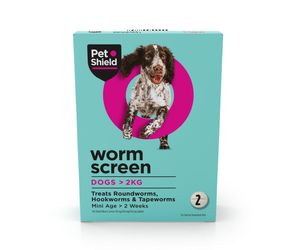 Pet Shield worm screen packaging for dogs on a white background