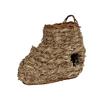 Woven boot-shaped rodent hide with a hole in the side on a white background.