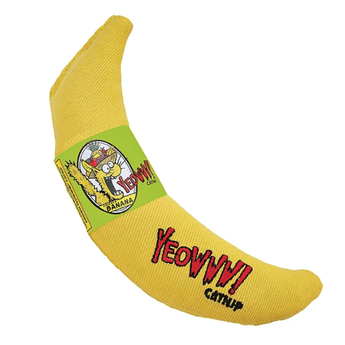 Fabric yellow banana shaped cat toy with green labelled attached picturing a yellow cat with a Tutti Fruitti hat with text 'Yeowww!' coming from its mouth and 'Banana' written below. Pictured on a white background.