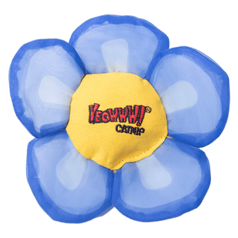 Blue flower cat toy with a yellow centre, with red stitched text that says 'Yeowww! catnip' on a white background.