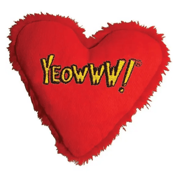 Red heart shaped cat toy with a fluffy trim and yellow stitch detail text 'Yeowww!' on a white background.