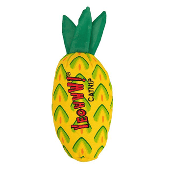 Yellow pineapple shaped cat nip toy with red stitched text 'Yeowww! Catnip' in the middle and a green leaf detail at the top, on a white background.