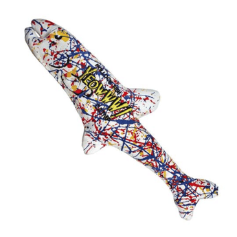 Large white fish shaped catnip toy with Blue, Red and Yellow paint-splatter details on the fabric. Yellow stitch details of text 'Yeowww! Catnip' are in the centre of the fish toy. Pictured on a white background.