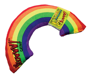 Rainbow shaped cat toy in rainbow colours with a green labelled wrapped around one end, label has a picture of a yellow cat cartoon with text saying 'Yeowww! Catnip' coming out of it's mouth, above is text which says 'Catnip toys that actually work!' and 'Rainbow' pictured on a white background.