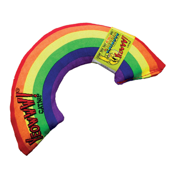 Rainbow shaped cat toy in rainbow colours with a green labelled wrapped around one end, label has a picture of a yellow cat cartoon with text saying 'Yeowww! Catnip' coming out of it's mouth, above is text which says 'Catnip toys that actually work!' and 'Rainbow' pictured on a white background.