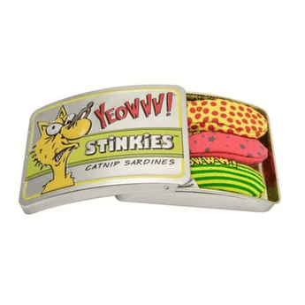 Tin with a picture of a cartoon cat with a peg on it's nose, text saying 'Yeowww!', 'Stinkies' and 'Catnip Sardines'. Tin is partially open with three multicoloured catnip fish cat toys inside pictured on a white background.