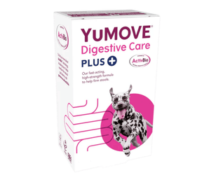 White background with a box of YuMove Digestive care plus for dogs and cats. On the packet is a Dalmatian jumping out of a pink circle. Additional text on the box reads 'Our fast-acting, high-strength formula to help firm stools.'