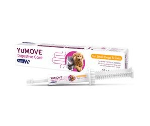 White background with a box and syringe of Yumove Digestive Care Rapid pictured. On the box and syringe is an grey and white cat and a poodle cross dog. Text on the box reads 'Fast-acting ingredients, including pre and probiotics for dogs and cats with sudden loose stools.'
