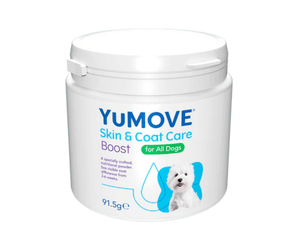 White background with a white tub of Yumove Skin & Coat Care Boost for Dogs. On the tub is a west highland terrier. Additional text states 'A specially crafted, nutritional powder. See visible coat difference from 3-6 weeks.'