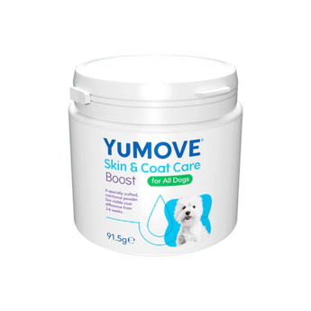 White background with a white tub of Yumove Skin & Coat Care Boost for Dogs. On the tub is a west highland terrier. Additional text states 'A specially crafted, nutritional powder. See visible coat difference from 3-6 weeks.'