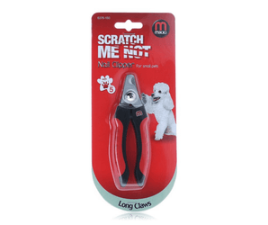 Mikki pet nail clipper packaging with a red background and clear window