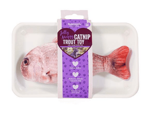 Realistic red snapper fish cat toy pictured in tray packaging with a purple cardboard wrap around tag, with text on saying 'Jolly Moggy Catnip Trout Toy'. Pictured on a white background. 