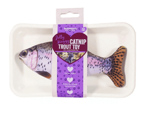 Realistic trout fish cat toy pictured in tray packaging with a purple cardboard wrap around tag, with text on saying 'Jolly Moggy Catnip Trout Toy'. Pictured on a white background.