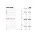 Page from a diary or planner with contact numbers and calendar for 2026.