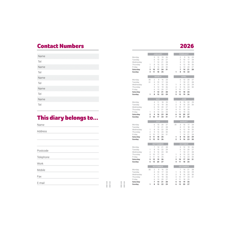 Page from a diary or planner with contact numbers and calendar for 2026.