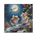 Christmas card with two mice, holly, and a moonlit sky.